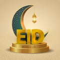 Eid Mubarak and Ramadan Kareem greetings. golden lantern hanging in crescent golden background .vector illustration design Royalty Free Stock Photo