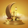 Eid Mubarak and Ramadan Kareem greetings. golden lantern hanging in crescent golden background .vector illustration design Eid Royalty Free Stock Photo