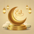 Eid Mubarak and Ramadan Kareem greetings. golden lantern hanging and half moon golden background .vector illustration design Royalty Free Stock Photo