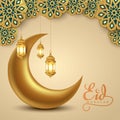 Eid Mubarak and Ramadan Kareem greetings. golden lantern hanging and half moon golden background .vector illustration design Royalty Free Stock Photo