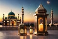 Eid mubarak and ramadan kareem greetings with islamic lantern and mosque. Generative AI