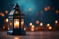 Eid Mubarak and Ramadan Kareem Islam holy month. Arabic lantern and burning candle at night. Muslims iftar under soft light of Royalty Free Stock Photo