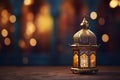 Eid Mubarak and Ramadan Kareem Islam holy month. Arabic lantern and burning candle at night. Muslims iftar under soft light of Royalty Free Stock Photo