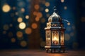 Eid Mubarak and Ramadan Kareem Islam holy month. Arabic lantern and burning candle at night. Muslims iftar under soft light of Royalty Free Stock Photo