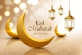 Eid mubarak, realistic crescent moon, wish greeting poster, illustration vector Royalty Free Stock Photo