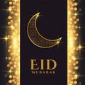 Eid mubarak sparkling golden background with crescent moon