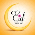 Eid Mubarak Typography in Yellow Crescent Moon with Flower