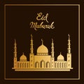 Eid mubarak vector greeting card design with mosque. Muslim holiday background