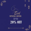 Eid special offer. Eid mega sale. Up to 20% off. Brown theme vector EPS editable file isolated on blue background, Royalty Free Stock Photo