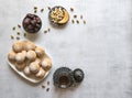 Eid and Ramadan Dates Sweets - Arabian cuisine background. Top view Royalty Free Stock Photo