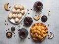 Eid and Ramadan Dates Sweets - Arabian cuisine. Egyptian cookies `Kahk El Eid` and Turkish desserts Tulumba.