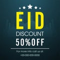 Eid Sale Poster Design With 50% Discount Offer, Stars On Teal Silhouette Mosque