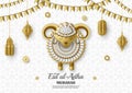 Eid Ul Adha Background. Islamic Arabic lanterns and sheep. Greeting card. Festival of the Sacrifice