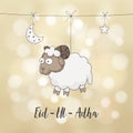 Eid-ul-adha greeting card. Decoration with hand drawn sheep, moon, stars and lights. Muslim community festival of sacrifice.