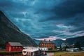 Eidfjord, Hordaland County, Hardanger Region, Hardangerfjord, Norway. Caravan Motorhome Cars Parking Near Old Wooden