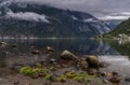 Eidfjord, a Norwegian town and municipality in the Hordaland region, view from the beach on the Eid fjord, the inner branch of the