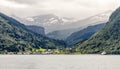 Eidsdal norwegian village at the Tafjord with mountains in the background, Norddal Municipality, MÃÂ¸re og Romsdal county, Norway