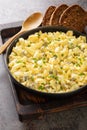 Eiersalat German Egg and Apple Salad served with bread closeup on the wooden board. Vertical