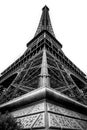 Eiffel tower from a corner below, black and white