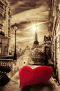 Eiffel Tower against red heart, Happy Valentine`s Day, Paris in love, France Royalty Free Stock Photo