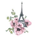 Eiffel Tower with anemones and eucalyptus. Watercolor illustration from a large set of PARIS, in the style of a sketch