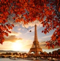 Eiffel Tower with autumn leaves in Paris, France Royalty Free Stock Photo