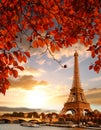 Eiffel Tower with autumn leaves in Paris, France Royalty Free Stock Photo