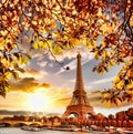 Eiffel Tower with autumn leaves in Paris, France Royalty Free Stock Photo