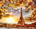 Eiffel Tower with autumn leaves in Paris, France Royalty Free Stock Photo