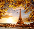 Eiffel Tower with autumn leaves in Paris, France Royalty Free Stock Photo