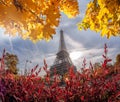 Eiffel Tower with autumn leaves during sunrise in Paris, France Royalty Free Stock Photo