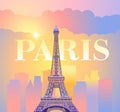 Eiffel Tower in Paris. Evening Paris. Sunny sunset in France against the backdrop of the city. Vector illustration