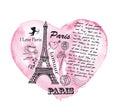 Eiffel Tower on the background of watercolor heart. Royalty Free Stock Photo