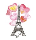 Eiffel Tower on the background of watercolor heart. Royalty Free Stock Photo