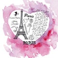 Eiffel Tower on the background of watercolor heart. Royalty Free Stock Photo