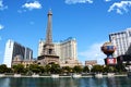 Eiffel tower, Ballys Hotel, Planet Hollywood and The Strip with Bellagio pool in front