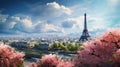 Eiffel Tower and blossoming trees in spring Paris over cloudy blue sky