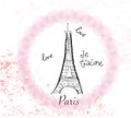 Eiffel tower border. Poster design paris, jet'aime, love hand drawn letter vector illustration