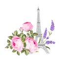 The Eiffel tower card. Eiffel tower simbol with spring blooming flowers over white background. Royalty Free Stock Photo