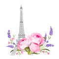 The Eiffel tower card. Eiffel tower simbol with spring blooming flowers over white background. Royalty Free Stock Photo