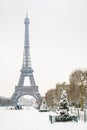 The Eiffel tower and Champ de Mars on a snowy day in Paris, France Royalty Free Stock Photo