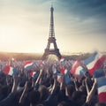 Eiffel Tower Crowd Celebration with Waving French Flags