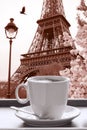 Eiffel Tower with cup of coffee in black and white style, Paris, France Royalty Free Stock Photo