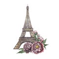 Eiffel Tower decorated with vintage peonies. A hand-drawn watercolor illustration. Isolate it. The sights of France