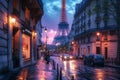 The Eiffel Tower Dominating the Cityscape of Paris, A romantic Parisian street view at dusk with the Eiffel tower in the Royalty Free Stock Photo