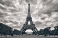 Eiffel tower with dramatic sky monochrome black an