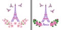 Eiffel tower embroidery patterns set with flowers and birds Royalty Free Stock Photo