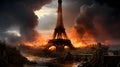 Eiffel Tower in fire. 3D illustration. Fantasy.