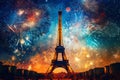 Eiffel tower with fireworks in the background AI generation Royalty Free Stock Photo