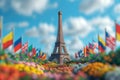 Eiffel Tower and flags of different countries of the world against the background of blue sky, Olympics in Paris in Royalty Free Stock Photo